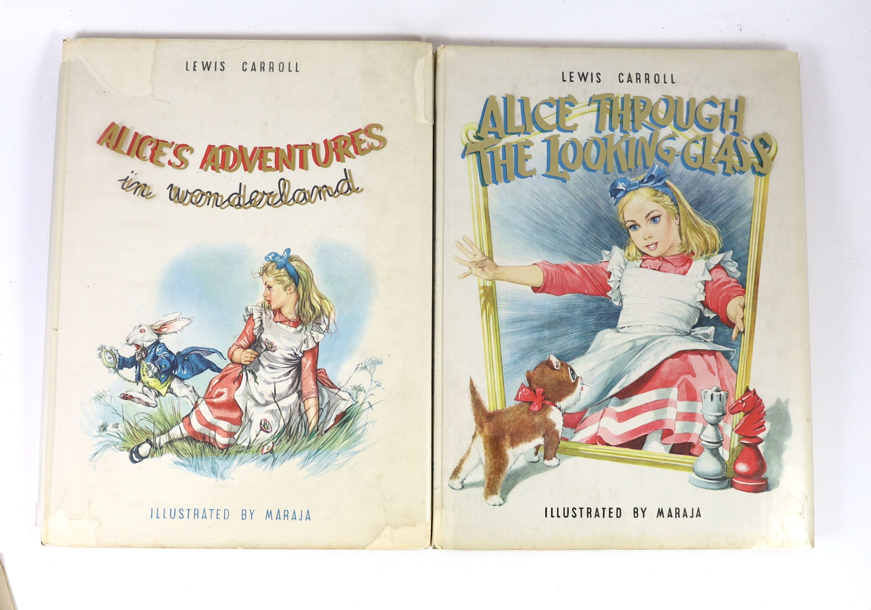 'Carroll, Lewis' - Alice's Adventures in Wonderland/Alice through the Looking Glass, 2 vols. coloured pictorial titles and coloured illus. throughout (by Maraja); publisher's coloured pictorial boards and glassine wrappe